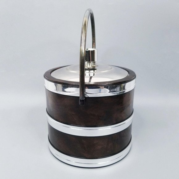 Vintage Ice Bucket Brown Faux Leather Chrome MCM - Picture 5 of 12